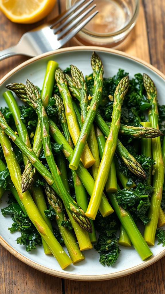 Sautéed asparagus and kale on a plate garnished with garlic and lemon zest.